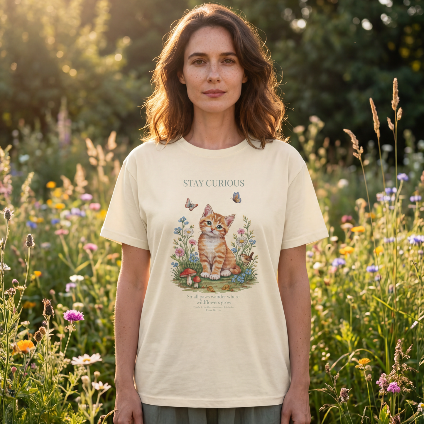 Stay Curious Kitten T-Shirt | Woodland Friends No. 01