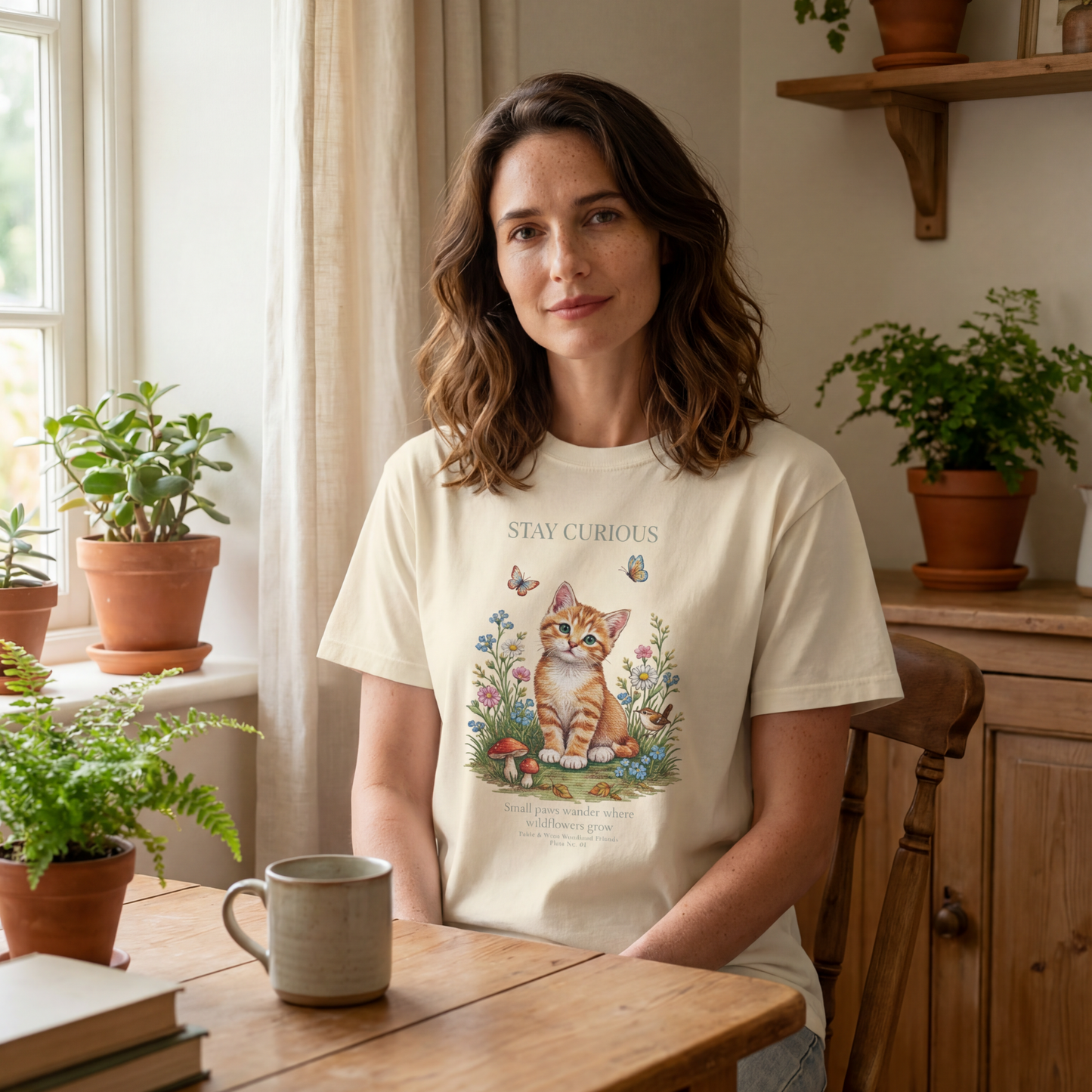 Stay Curious Kitten T-Shirt | Woodland Friends No. 01
