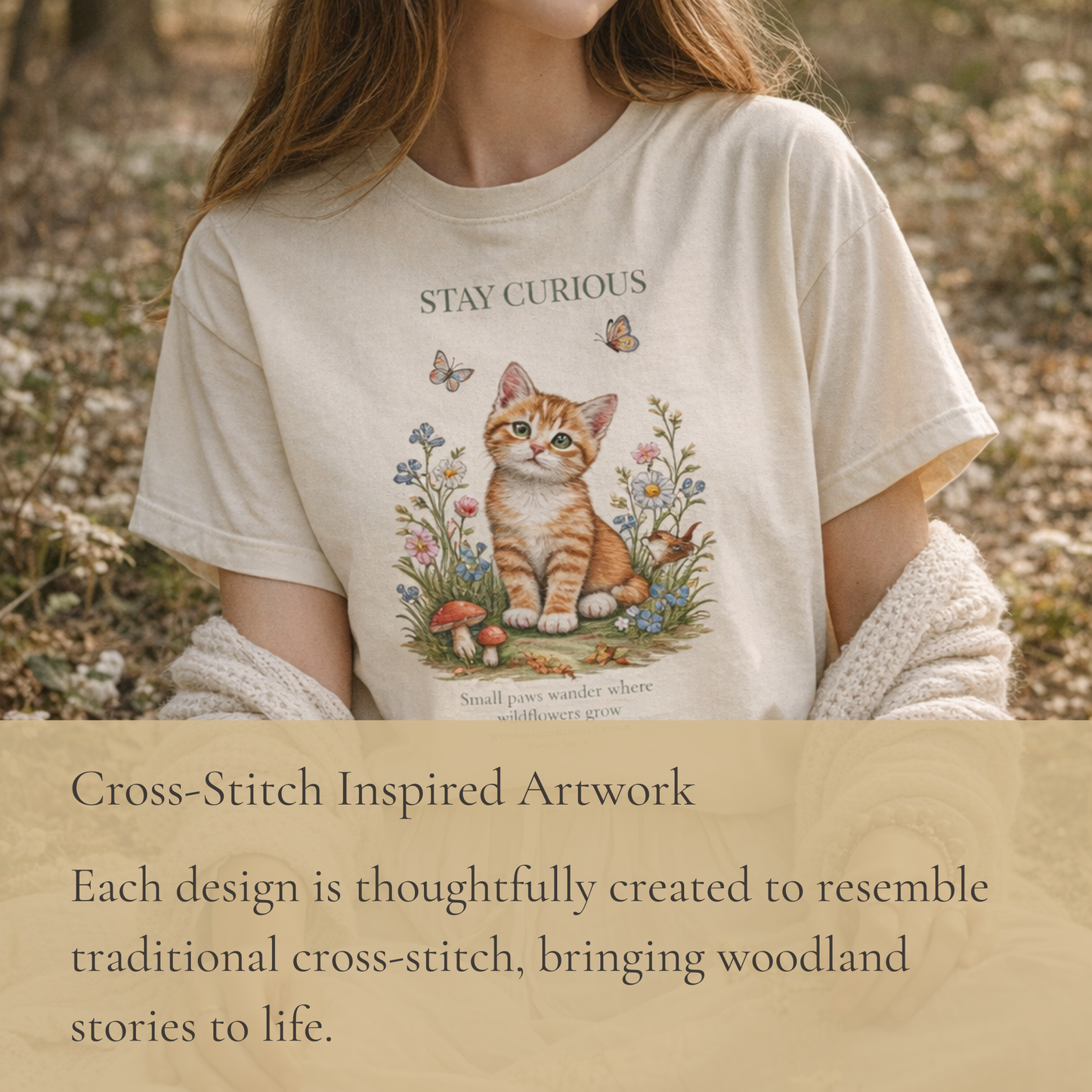 Stay Curious Kitten T-Shirt | Woodland Friends No. 01
