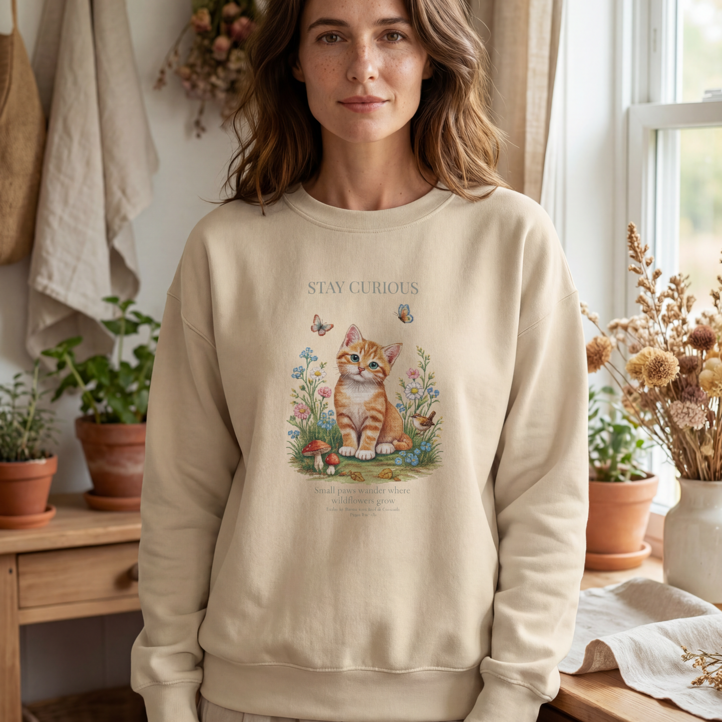Stay Curious Kitten Crewneck Sweatshirt | Woodland Friends No. 01