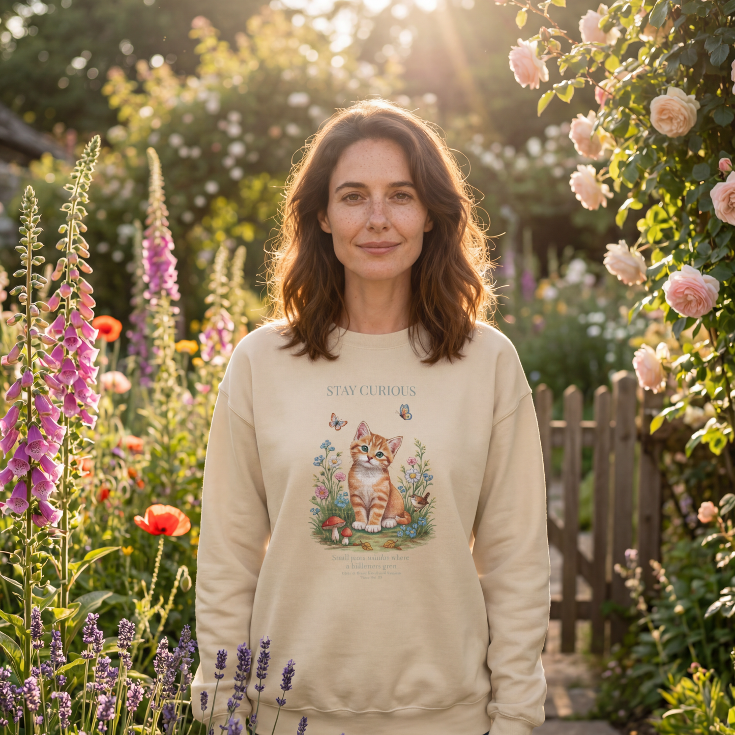 Stay Curious Kitten Crewneck Sweatshirt | Woodland Friends No. 01