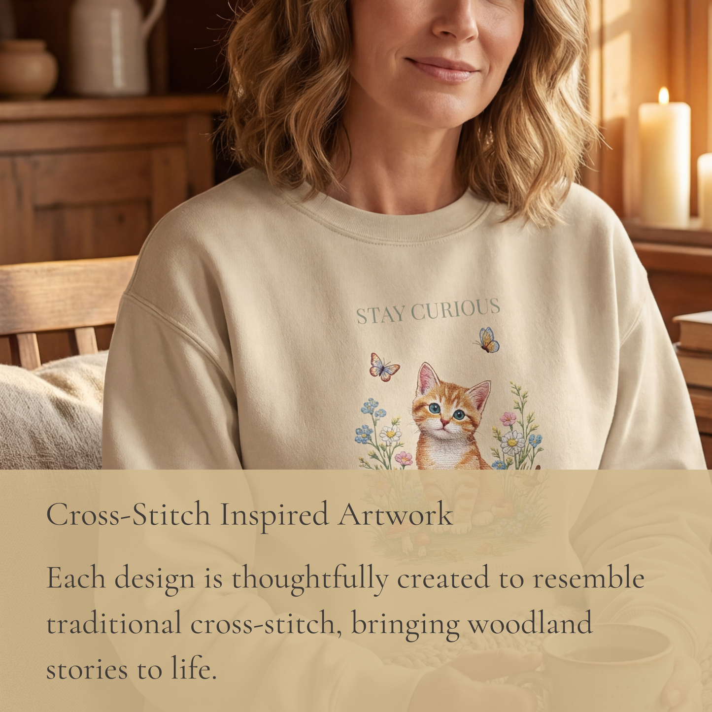Stay Curious Kitten Crewneck Sweatshirt | Woodland Friends No. 01