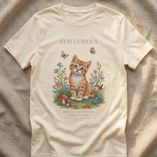 Stay Curious Kitten T-Shirt | Woodland Friends No. 01