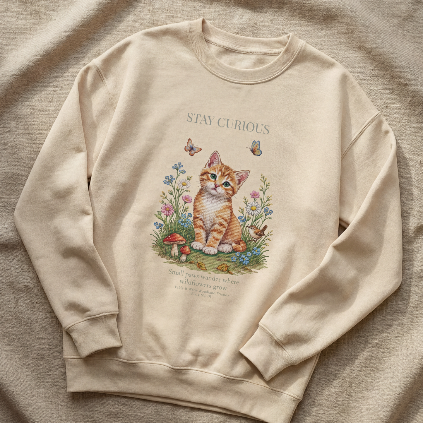 Stay Curious Kitten Crewneck Sweatshirt | Woodland Friends No. 01