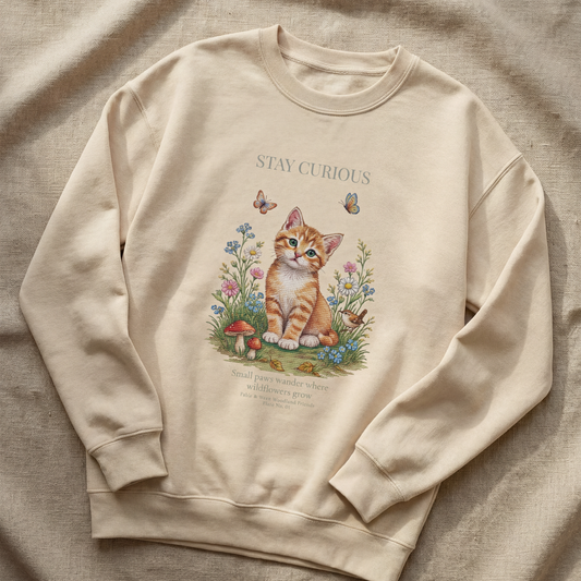 Stay Curious Kitten Crewneck Sweatshirt | Woodland Friends No. 01